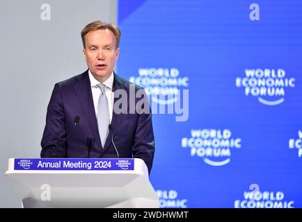 Pechino, Svizzera. 19 gennaio 2024. Il presidente del World Economic Forum (WEF) Borge rende fa le sue osservazioni conclusive durante la riunione annuale del World Economic Forum 2024 a Davos, in Svizzera, il 19 gennaio 2024. Il WEF ha concluso qui il suo incontro annuale del 2024, venerdì, chiedendo di ricostruire la fiducia di fronte all’incertezza globale. Crediti: Lian Yi/Xinhua/Alamy Live News Foto Stock