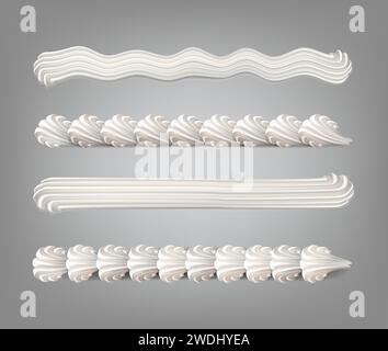 set di icone vettoriali realistiche. Baker cream. Motivo con bordo in panna stagnata dal sacchetto per tubazioni. Illustrazione Vettoriale
