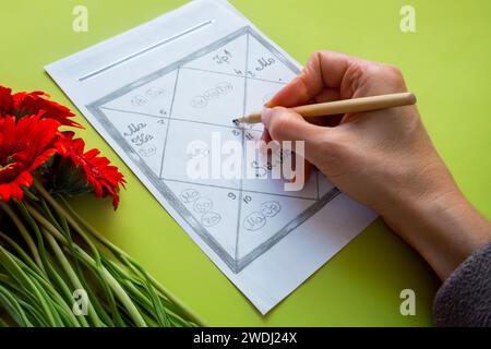 La mano di una donna riempie un grafico astrologico dell'astrologia Jyotish dell'antica India Foto Stock