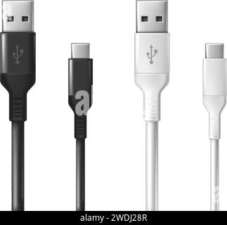 icona vettoriale realistica. Cavo USB bianco e nero. Isolato su sfondo bianco. Illustrazione Vettoriale