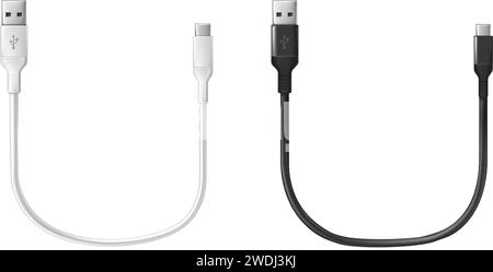 icona vettoriale realistica. Cavo usb di ricarica bianco e nero. Isolato su bianco. Illustrazione Vettoriale