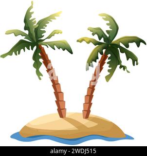 illustrazione dell'icona stile cartone animato. Palme sull'isola della spiaggia di sabbia. Isolato su sfondo bianco. Illustrazione Vettoriale