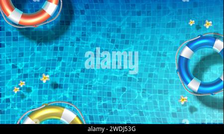 illustrazione vettoriale realistica. Sfondo estivo. Piscina estiva. Vista dall'alto con buoi di salvataggio e fiori di franjipani. Illustrazione Vettoriale