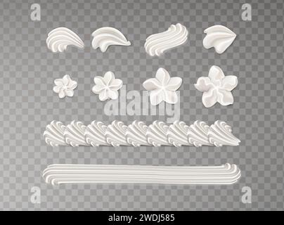 set di icone vettoriali realistici 3d. Baker cream. Collezione di motivi di cornice per bordature panna montata. Illustrazione Vettoriale