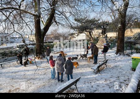 Parigi, Francia, parigini con i loro cani in un parco pubblico per cani, solo editoriale. Foto Stock