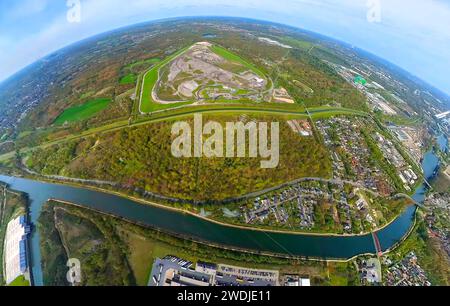 Vista aerea, discarica centrale Emscherbruch, fiume Emscher, Reno-Canale di Herne, Resser Wäldchen, globo terrestre, immagine fisheye, immagine a 360 gradi, Resser ma Foto Stock