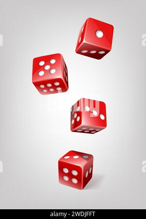 illustrazione realistica dell'icona vettoriale. I cubetti di dadi da poker rossi cadono. Illustrazione Vettoriale