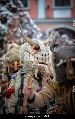 Breznik, Bulgaria - 20 gennaio 2024: Masquerade festival a Breznik Bulgaria. Le persone con una maschera chiamata Kukeri ballano e si esibiscono per spaventare il malvagio sp Foto Stock