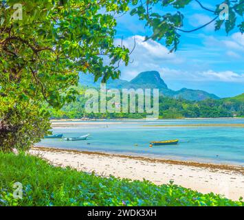 Piccole barche sulla spiaggia di Anse a la mouche. Isola di Mahe, Seychelles Foto Stock