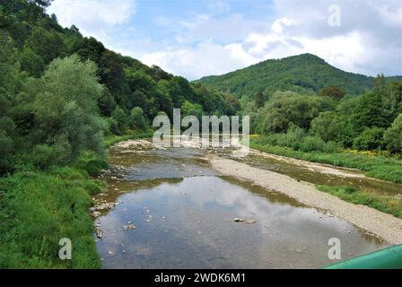Un fiume di montagna che scorre nei Monti Bieszczady Foto Stock