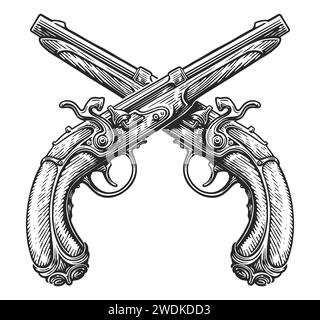 Pistole di blocco a pietra focaia incrociate, schizzo. Due pistole, armi da fuoco. Illustrazione vettoriale vintage disegnata a mano Illustrazione Vettoriale