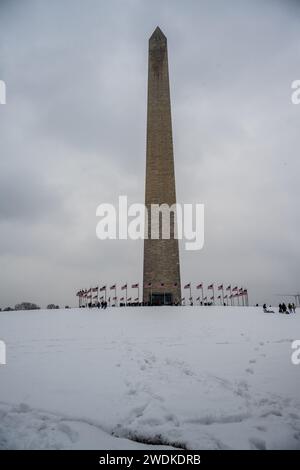 Washington, DC — 19 gennaio 2024. Una foto verticale del monumento a Washington circondato da bandiere americane, scattata il giorno della marcia per la vita. Foto Stock