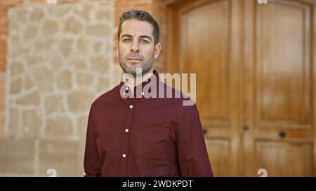 Affascinante uomo ispanico con la barba che posa in sicurezza in una strada cittadina, trasuda fascino urbano e stile casual. Foto Stock