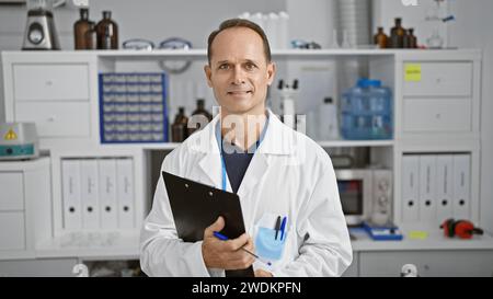 Bello scienziato di mezza età esprime gioia, tenendo con sicurezza gli appunti in laboratorio che conducono ricerche mediche Foto Stock