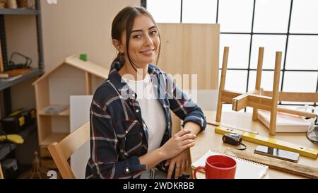 Giovane donna ispanica sorridente in un laboratorio di falegnameria circondato da attrezzi Foto Stock