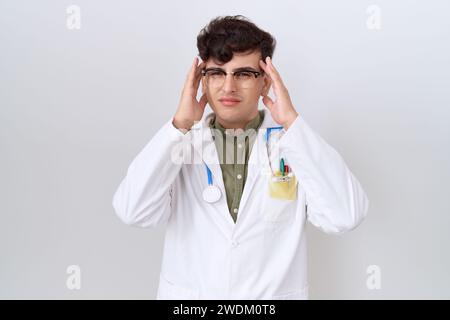 Giovane uomo non binario che indossa uniforme da medico e stetoscopio con mano sulla testa per dolore alla testa a causa dello stress. soffre di emicrania. Foto Stock