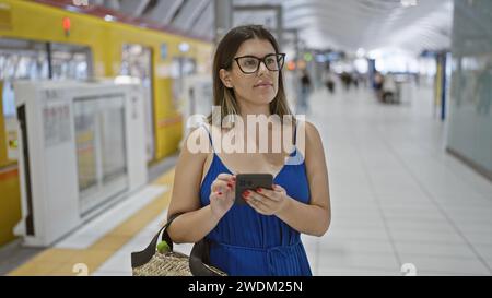 Bellissima donna ispanica con occhiali, al telefono, in attesa del suo viaggio in metropolitana alla stazione di ginza, in mezzo alla vivace vita cittadina Foto Stock