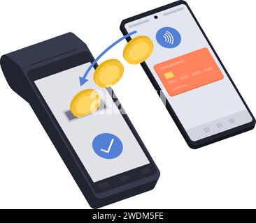 Trasferimento di denaro dallo smartphone al terminale POS: Pagamenti tramite portafoglio digitale Illustrazione Vettoriale