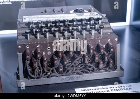 Enigma Machine. Leggendario dispositivo di crittografia utilizzato per decodificare i messaggi nemici durante la seconda guerra mondiale, Bletchley Park, Milton Keynes, Gran Bretagna. Polonia, Varsavia - 28 luglio 2023. Foto Stock