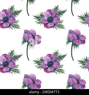 Bouquet di fiori di anemone dai colori viola brillante. Illustrazione floreale ad acquerello disegnata a mano isolata su bianco. Arte botanica per l'anniversario di matrimonio Foto Stock