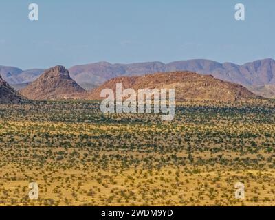 Vista aerea di un paesaggio desertico con colline di granito rosso intorno al Monte Brandberg, vista da un drone dalla C35 Road vicina città di UIs, Namibia Foto Stock