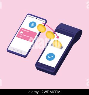 Trasferimento di denaro dallo smartphone al terminale POS: Pagamenti tramite portafoglio digitale Illustrazione Vettoriale