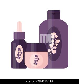 Set di prodotti cosmetici per la routine quotidiana. Tubi e biberon per la cura della pelle e la bellezza con logo. Illustrazione vettoriale Illustrazione Vettoriale