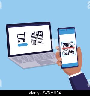 Utente in possesso di uno smartphone e scansione di un codice: Acquisti online e pagamenti con codice QR Illustrazione Vettoriale