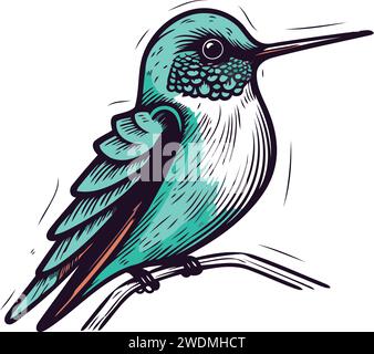 Hummingbird seduto su un ramo. Illustrazione vettoriale disegnata a mano. Illustrazione Vettoriale