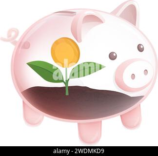 Sprout con moneta all'interno di un salvadanaio di vetro: Risparmio e ritorno sull'investimento Illustrazione Vettoriale
