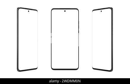 Smartphone moderno con bordi sottili e arrotondati in tre posizioni, isolato su bianco. Modello versatile per telefono per un design elegante Foto Stock