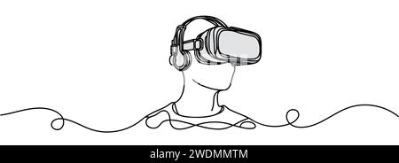 Uomo che indossa occhiali per realtà virtuale. Una linea continua Illustrazione Vettoriale
