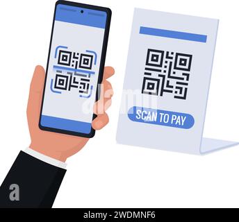 Il cliente esegue la scansione di un codice QR con lo smartphone ed effettua un pagamento in un negozio Illustrazione Vettoriale