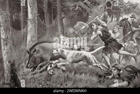Caccia al cinghiale con cani e lance nell'antica Roma. Foto Stock