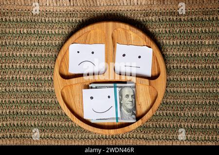 Piatto di legno con dollari e tre biglietti di carta con tristezza e gioia pescati e calma su uno sfondo di tessuto marrone, affari e finanza, umore Foto Stock