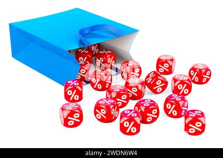 Borsa della spesa con cubetti di sconto rossi. Rendering 3D isolato su sfondo bianco Foto Stock