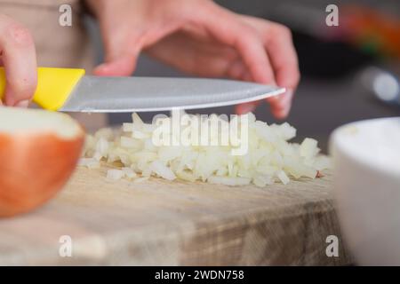 Le mani di una donna tagliano una cipolla a pezzi in primo piano. Il processo di preparazione del condimento per la carne. Foto Stock