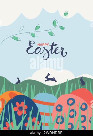 Graziosa illustrazione delle uova di Pasqua nascoste tra l'erba in primo piano e dei conigli nel prato sullo sfondo. Tipografia scritta a mano. Pasqua Illustrazione Vettoriale