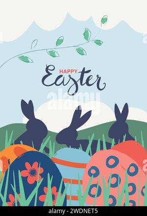Graziosa illustrazione delle uova di Pasqua nascoste tra l'erba in primo piano e dei conigli nel prato sullo sfondo. Tipografia scritta a mano. Pasqua Illustrazione Vettoriale