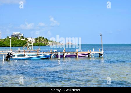 Un molo con barche colorate, acqua limpida e alcuni edifici e vegetazione sullo sfondo a San Pedro, Ambergris Caye, Belize. Foto Stock