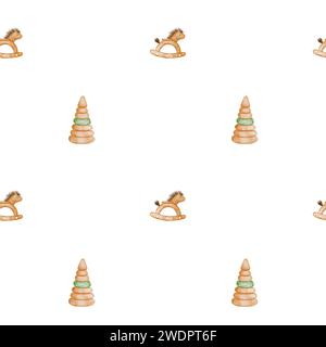 Cavallo a dondolo retrò e motivo piramidale in legno su sfondo bianco. Motivo Kawaii senza cuciture con giocattoli per bambini ad acquerello. Bambino boho disegnato a mano Foto Stock