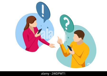 Contrassegni di domande isometriche, casella di messaggio con domanda, tecnologia Chatbot, bot di chat ai basato sull'intelligenza artificiale. Donna e uomo fanno domande e.. Illustrazione Vettoriale