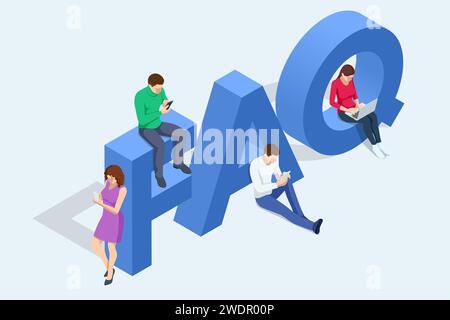 Contrassegni di domande isometriche, casella di messaggio con domanda, tecnologia Chatbot, bot di chat ai basato sull'intelligenza artificiale. Donna e uomo fanno domande e.. Illustrazione Vettoriale