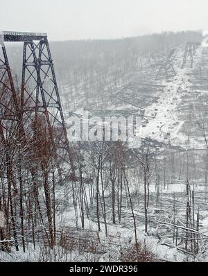 Vista del ponte ferroviario distrutto durante l'inverno al Kinzua Bridge State Park in Pennsylvania, Stati Uniti Foto Stock