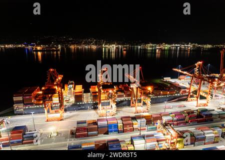Aerial photo of cargo terminal loading shipping containers onto cargo ships, marine terminal, cargo crane, port of Vancouver. Stock Photo