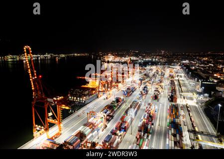 Foto aerea del terminal merci che carica container di spedizione su navi cargo, terminal marittimo, gru cargo, porto di Vancouver. Foto Stock