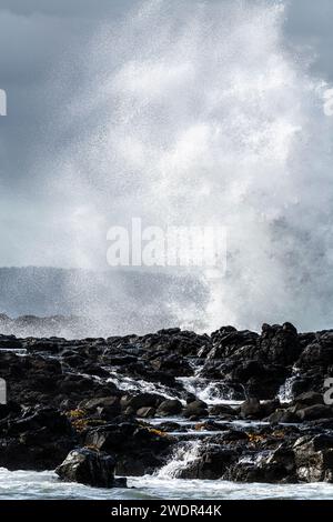 Paesaggio costiero roccioso e Ocean's Fury a Phillip Island, Victoria Foto Stock