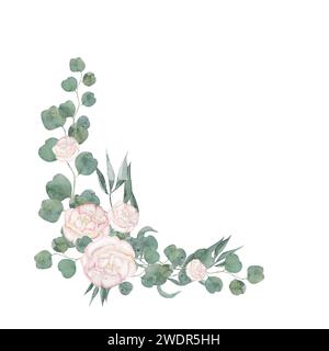 Acquerello di rose e vegetazione eucalipta. Delicate rose vintage, cornice, corona, bouquet. Ideale per cancelleria, biglietti d'auguri, moda Foto Stock