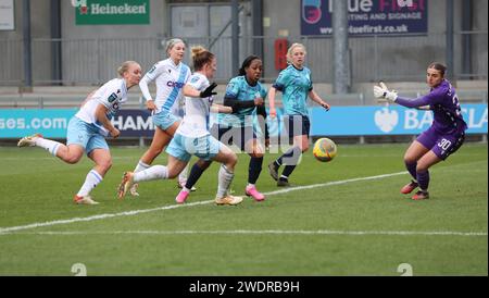 Danielle Carter delle London City Lionesses e Demi Lambourne del Crystal Palace Womenduring la partita di calcio del campionato femminile fa tra London City Foto Stock