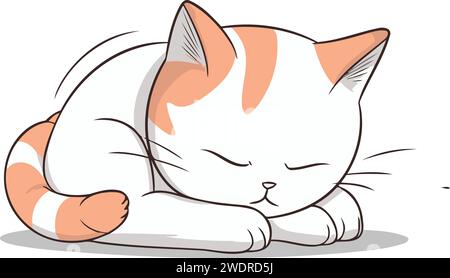 Illustrazione vettoriale di un simpatico gatto dei cartoni animati che dorme sul pavimento. Isolato su sfondo bianco. Illustrazione Vettoriale